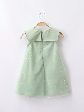1pc Girls" Sweet Star Printed Sleeveless Dress With 3D Bow Decoration And Mesh Skirt For Summer