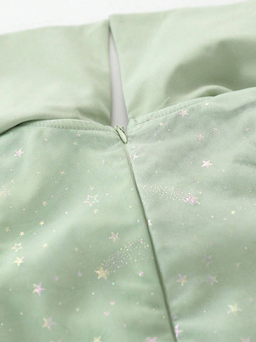 1pc Girls" Sweet Star Printed Sleeveless Dress With 3D Bow Decoration And Mesh Skirt For Summer