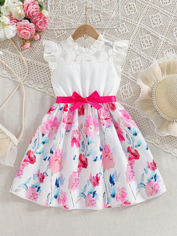 1pc Girls Toddlers "Garden" Lace Trim Ditsy Floral Short Top With White Fabricdress, Casual Vacation Spring/Summer