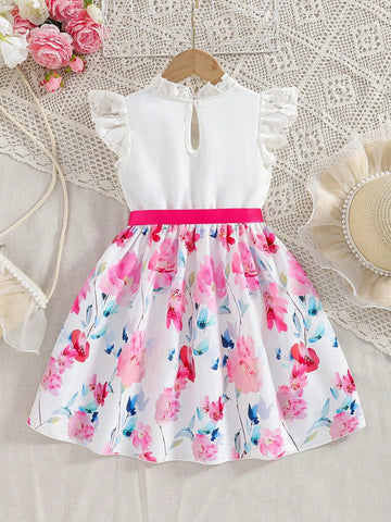 1pc Girls Toddlers "Garden" Lace Trim Ditsy Floral Short Top With White Fabricdress, Casual Vacation Spring/Summer