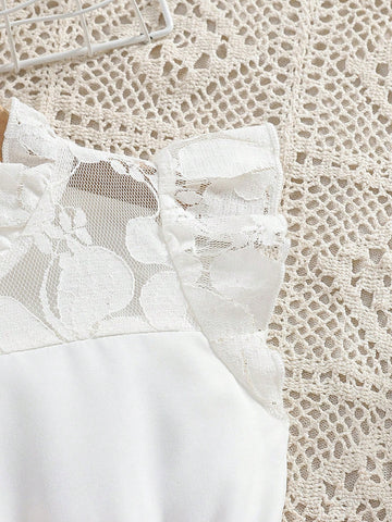 1pc Girls Toddlers "Garden" Lace Trim Ditsy Floral Short Top With White Fabricdress, Casual Vacation Spring/Summer