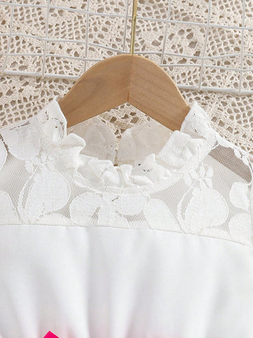 1pc Girls Toddlers "Garden" Lace Trim Ditsy Floral Short Top With White Fabricdress, Casual Vacation Spring/Summer