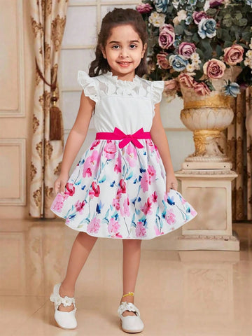 1pc Girls Toddlers "Garden" Lace Trim Ditsy Floral Short Top With White Fabricdress, Casual Vacation Spring/Summer