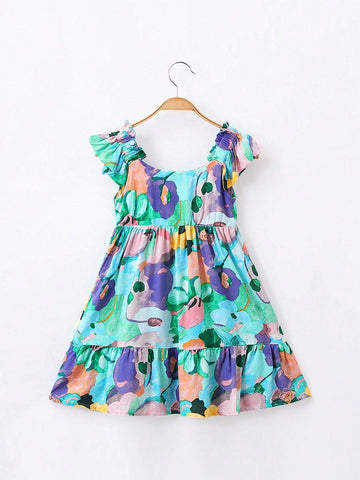 1pc Girls' Vacation Style Printed Cap Sleeve Dress With Floral Pattern For Summer