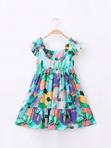 1pc Girls' Vacation Style Printed Cap Sleeve Dress With Floral Pattern For Summer