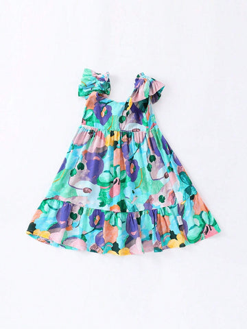 1pc Girls' Vacation Style Printed Cap Sleeve Dress With Floral Pattern For Summer