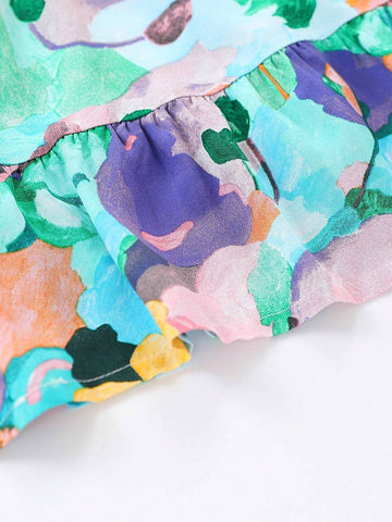 1pc Girls' Vacation Style Printed Cap Sleeve Dress With Floral Pattern For Summer