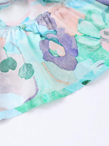 1pc Girls' Vacation Style Printed Cap Sleeve Dress With Floral Pattern For Summer