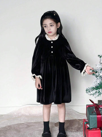 1pc Girls Velvet Dress With Lace Trim Collar, Warm Lining, Suitable For Autumn/Winter