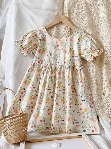 1pc Girls' Vintage Floral Princess Dress, Summer