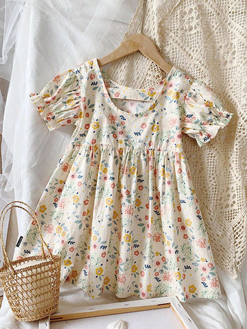 1pc Girls' Vintage Floral Princess Dress, Summer