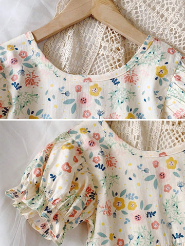 1pc Girls' Vintage Floral Princess Dress, Summer