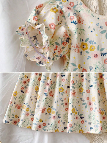 1pc Girls' Vintage Floral Princess Dress, Summer