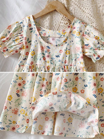 1pc Girls' Vintage Floral Princess Dress, Summer