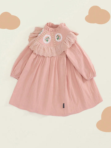 1pc Girls' Vintage French Style Embroidered Flower Ruffle Hem Pink Long Sleeve Dress, Spring