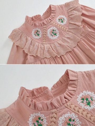 1pc Girls' Vintage French Style Embroidered Flower Ruffle Hem Pink Long Sleeve Dress, Spring