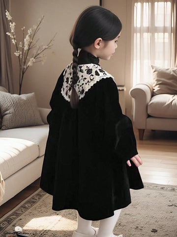 1pc Girls' Vintage Lace Trim Puff Sleeve Floral Collar Dress, Autumn/Winter