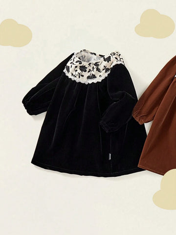 1pc Girls' Vintage Lace Trim Puff Sleeve Floral Collar Dress, Autumn/Winter