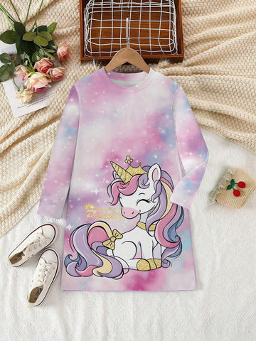 1pc Girls Young Girl Cute Casual Colorful Cartoon Unicorn & Heart Graphic Print Long Sleeve Dress, Everyday Wear