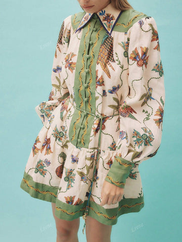 1pc Lantern Sleeve Print Lace-Up Waist Graphic Mini Dress With Single-Breasted Button