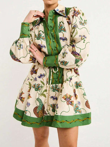 1pc Lantern Sleeve Print Lace-Up Waist Graphic Mini Dress With Single-Breasted Button