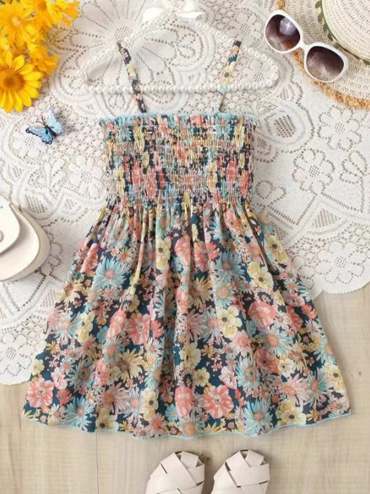1pc Little Girls' Casual Floral Print Spaghetti Strap Dress, Summer