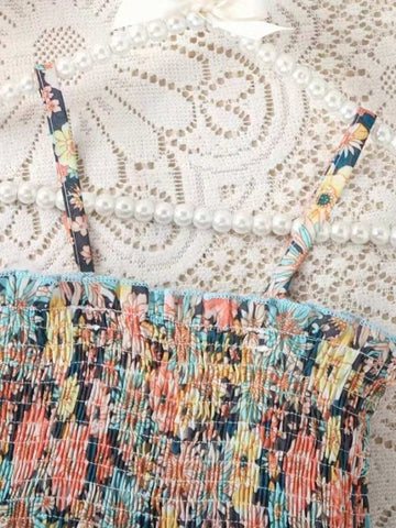 1pc Little Girls' Casual Floral Print Spaghetti Strap Dress, Summer