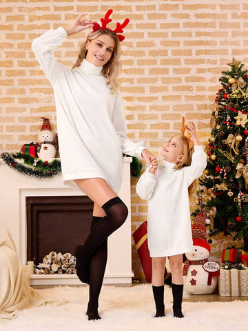 1pc Little Girls Oversized Turtleneck Lantern Sleeve Ribbed Knit Casual Mini Dress, Winter