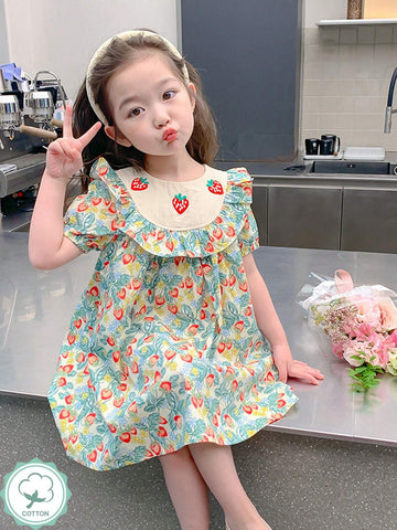 1pc Little Girls' Sweet Strawberry Embroidery Short Sleeve Dress, Spring