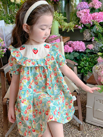1pc Little Girls' Sweet Strawberry Embroidery Short Sleeve Dress, Spring