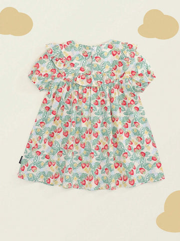 1pc Little Girls' Sweet Strawberry Embroidery Short Sleeve Dress, Spring