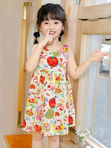 1pc Lovely Cartoon Princess Style Printed Cotton Breathable & Soft Loose Fit Tank Dress For Little Girls, Floral Patterned Dress, Spring/Summer
