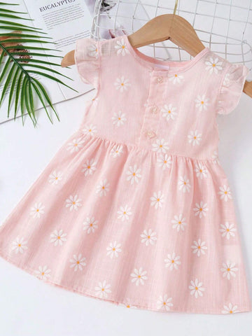 1pc Lovely Pink Babydoll Dress With Ruffle Hem And Daisy Graffiti Print, Adorable Cartoon Printed Cotton Soft Breathable Thin Dress For Toddler Girls In Spring And Summer