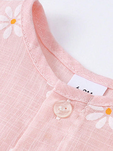 1pc Lovely Pink Babydoll Dress With Ruffle Hem And Daisy Graffiti Print, Adorable Cartoon Printed Cotton Soft Breathable Thin Dress For Toddler Girls In Spring And Summer