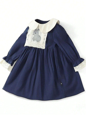 1pc Navy Blue Cute Rabbit Embroidery Sweet Ruffle Collar Girls Long Sleeve Dress, Princess Style