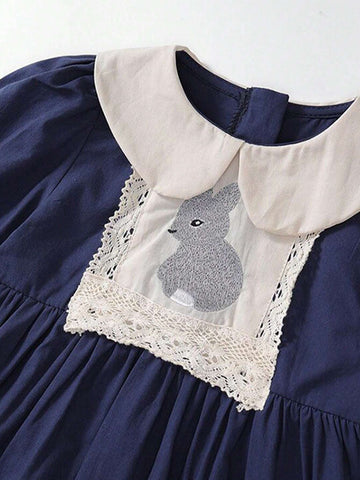 1pc Navy Blue Cute Rabbit Embroidery Sweet Ruffle Collar Girls Long Sleeve Dress, Princess Style