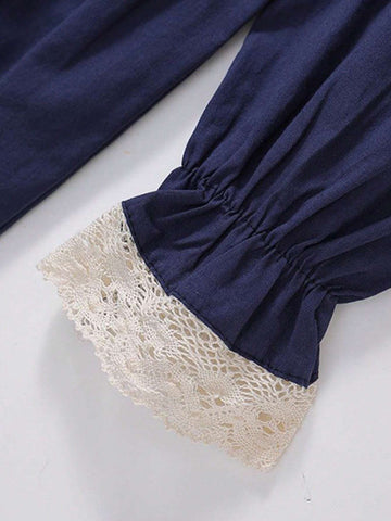 1pc Navy Blue Cute Rabbit Embroidery Sweet Ruffle Collar Girls Long Sleeve Dress, Princess Style