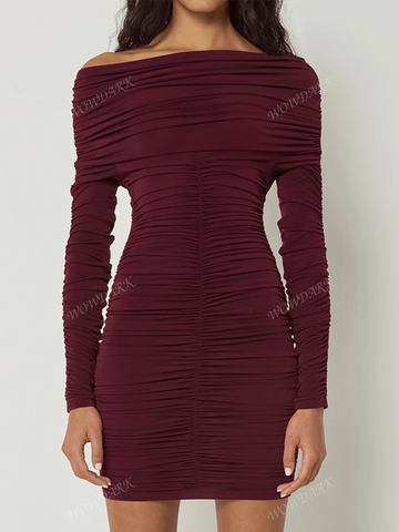 1pc Off-The-Shoulder Ruched Bodycon Dress For Autumn