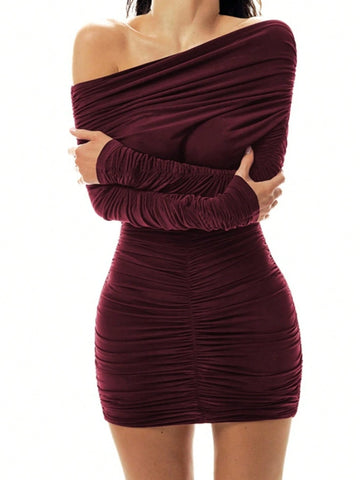 1pc Off-The-Shoulder Ruched Bodycon Dress For Autumn