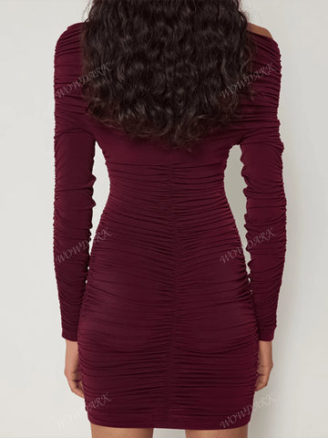 1pc Off-The-Shoulder Ruched Bodycon Dress For Autumn