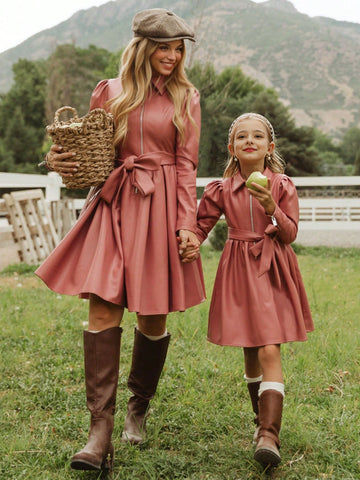 1pc Pink Leather-Look Minimalist Lapel Front Zip Tie-Waist Puff Sleeve Mommy And Me Matching Dress (Outfits Sold Separately)