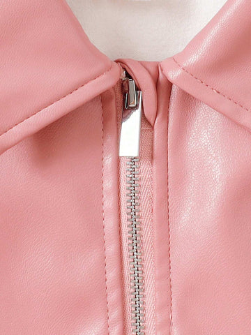 1pc Pink Leather-Look Minimalist Lapel Front Zip Tie-Waist Puff Sleeve Mommy And Me Matching Dress (Outfits Sold Separately)