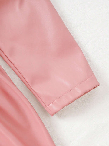 1pc Pink Leather-Look Minimalist Lapel Front Zip Tie-Waist Puff Sleeve Mommy And Me Matching Dress (Outfits Sold Separately)