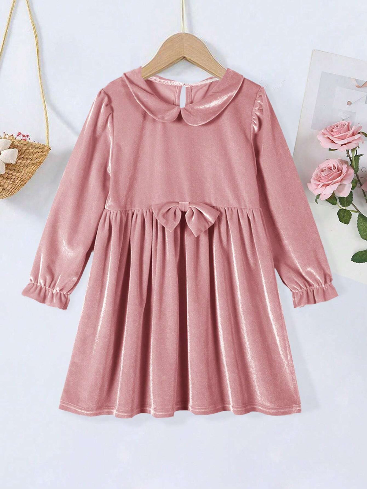 1pc Pink Velvet Long Sleeve Dress, Autumn & Winter