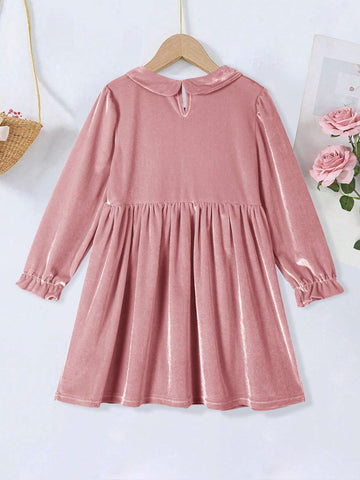 1pc Pink Velvet Long Sleeve Dress, Autumn & Winter