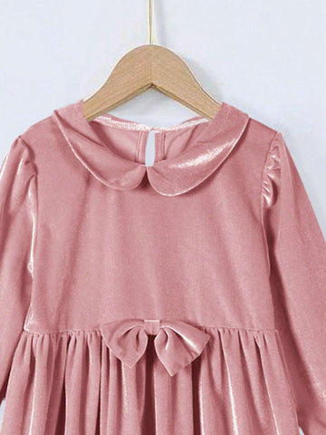 1pc Pink Velvet Long Sleeve Dress, Autumn & Winter