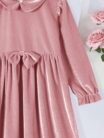 1pc Pink Velvet Long Sleeve Dress, Autumn & Winter