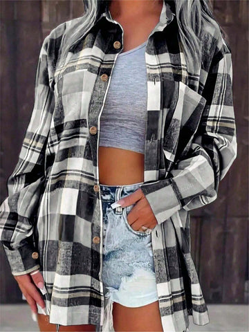 1pc Plaid Button-Down Long Sleeve Pocket Collar Casual Shirt