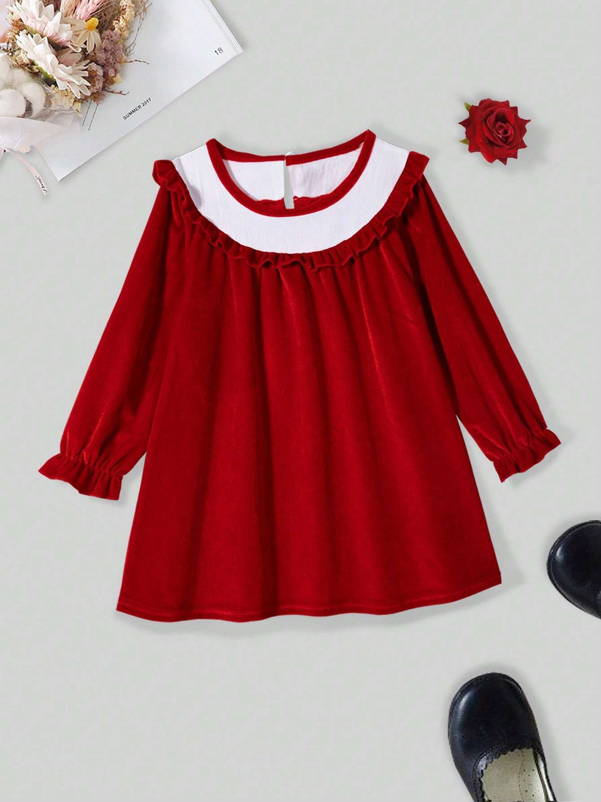 1pc Red Velvet Collar & White Ruffle Trim Long Sleeve Dress, Fall/Winter