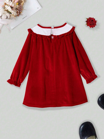 1pc Red Velvet Collar & White Ruffle Trim Long Sleeve Dress, Fall/Winter